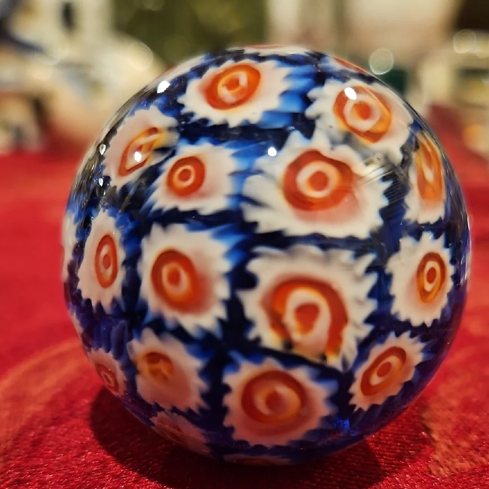 Stunning Murano Style Millefiori Blown Glass Wine Bottle Stopper, Red White Blue
